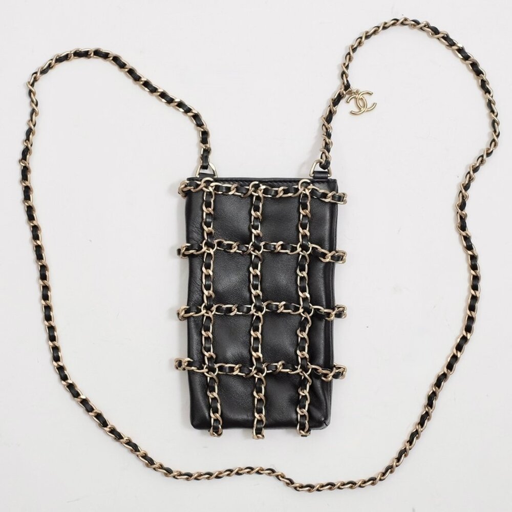 Chanel Tech Me Out Phone Holder mini bag black leather gold chain